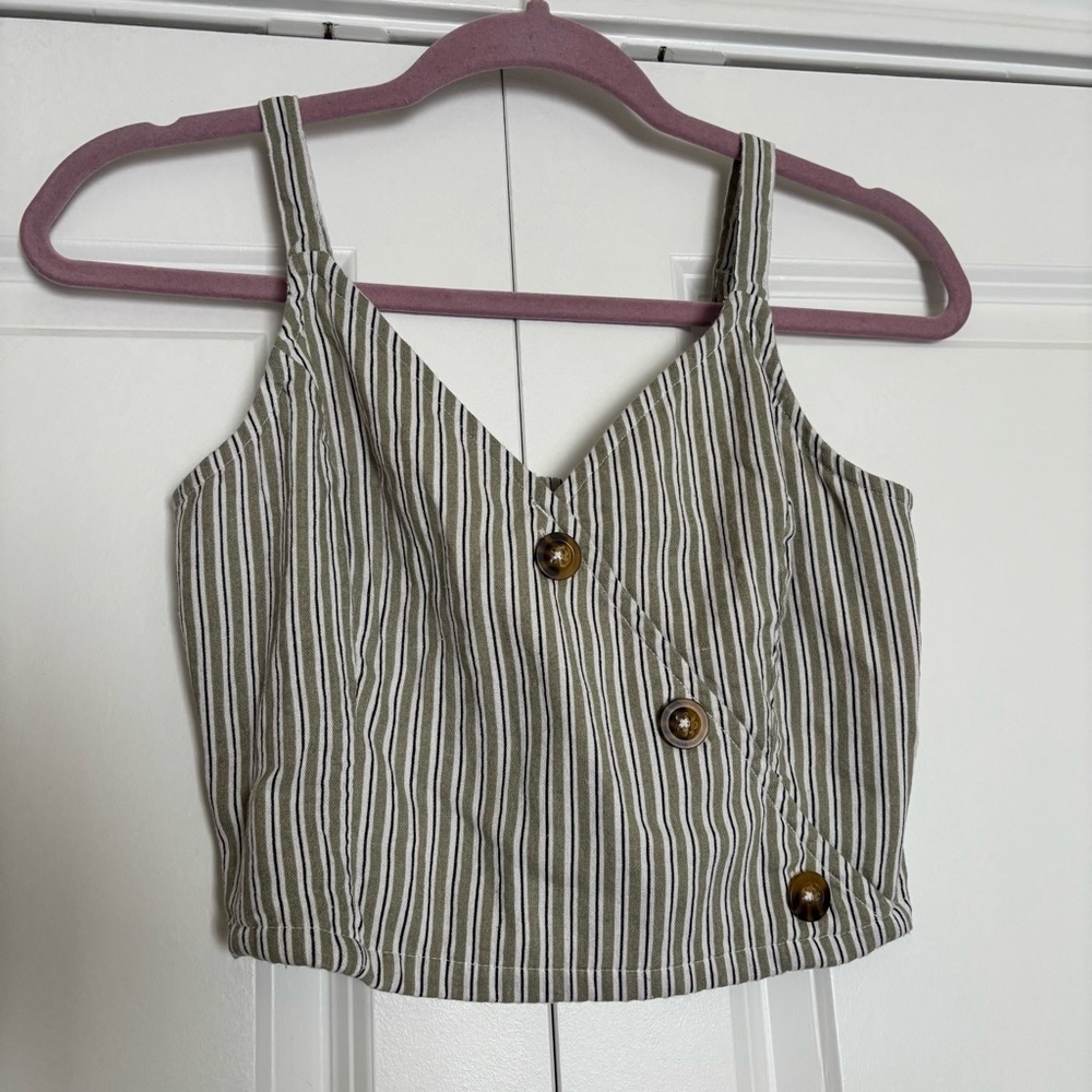 Hollister Olive Striped Crop Top with Button Accents